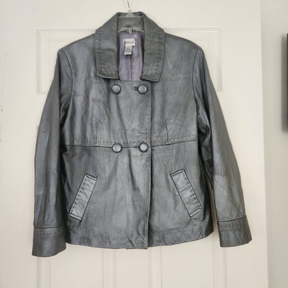 CHICO'S women's jacket 100% Genuine Leather Gray/Silver size 2 2-sides - Picture 3 of 8